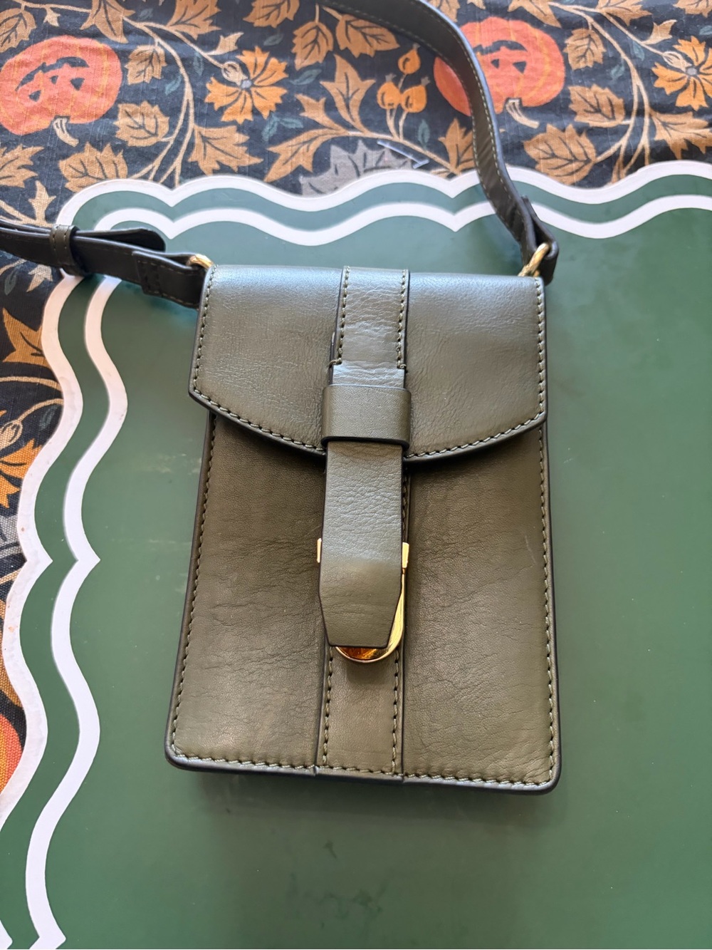 Clarks Olive Green Leather Crossbody with Gold Hardware